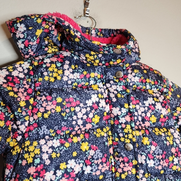 NWT Carters Snow Set Bibs & Puffer Coat Fleece Lined Blue Pink Floral Size S/4 - Picture 10 of 16